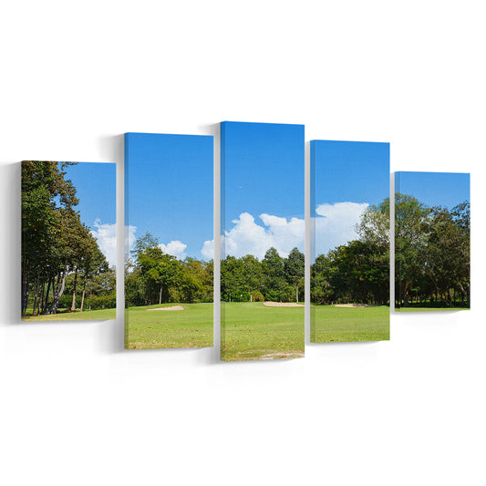 Golf Course With Blue Sky Background, Golf Art Print, 5 Pieces Mixed Canvas Print Wall Art