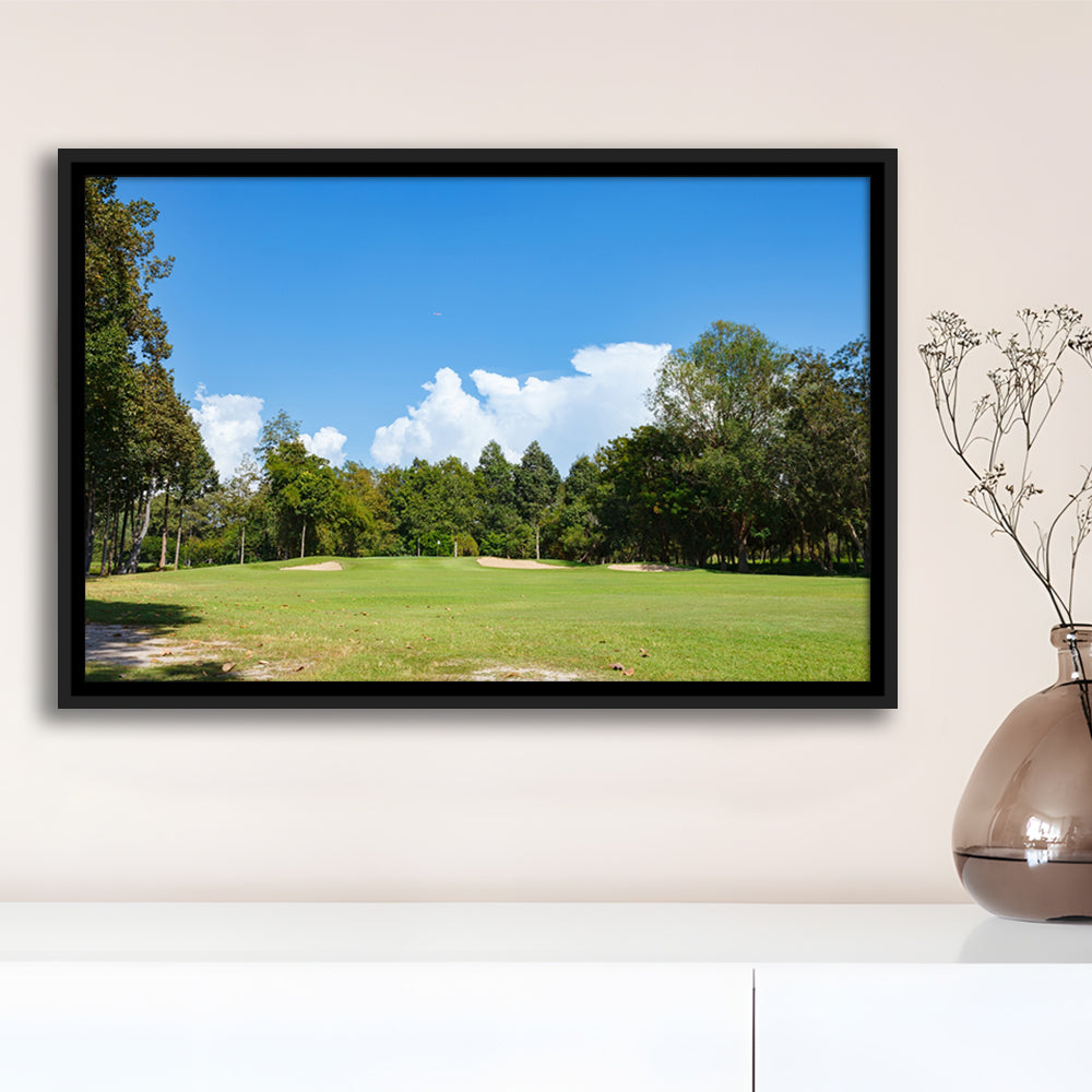 Golf Course With Blue Sky Background, Floating Framed Canvas Print Wall Art