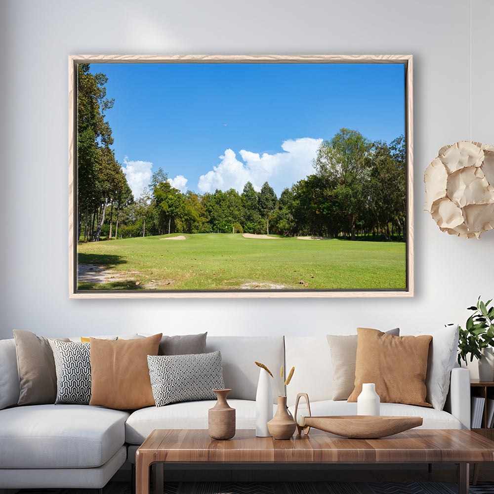 Golf Course With Blue Sky Background, Floating Framed Canvas Print Wall Art