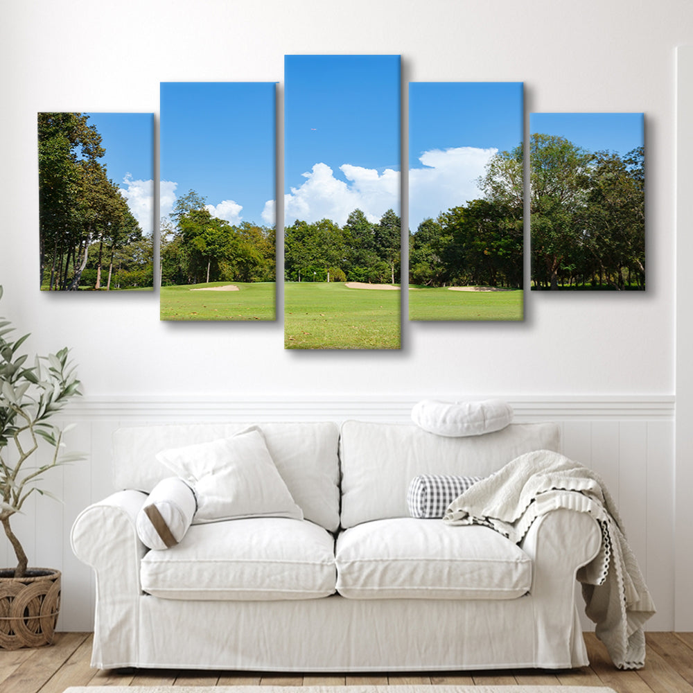 Golf Course With Blue Sky Background, Golf Art Print, 5 Pieces Mixed Canvas Print Wall Art