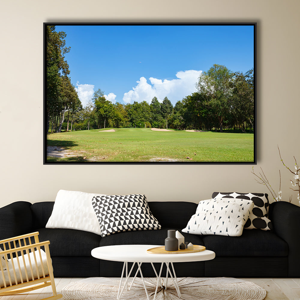 Golf Course With Blue Sky Background, Floating Framed Canvas Print Wall Art