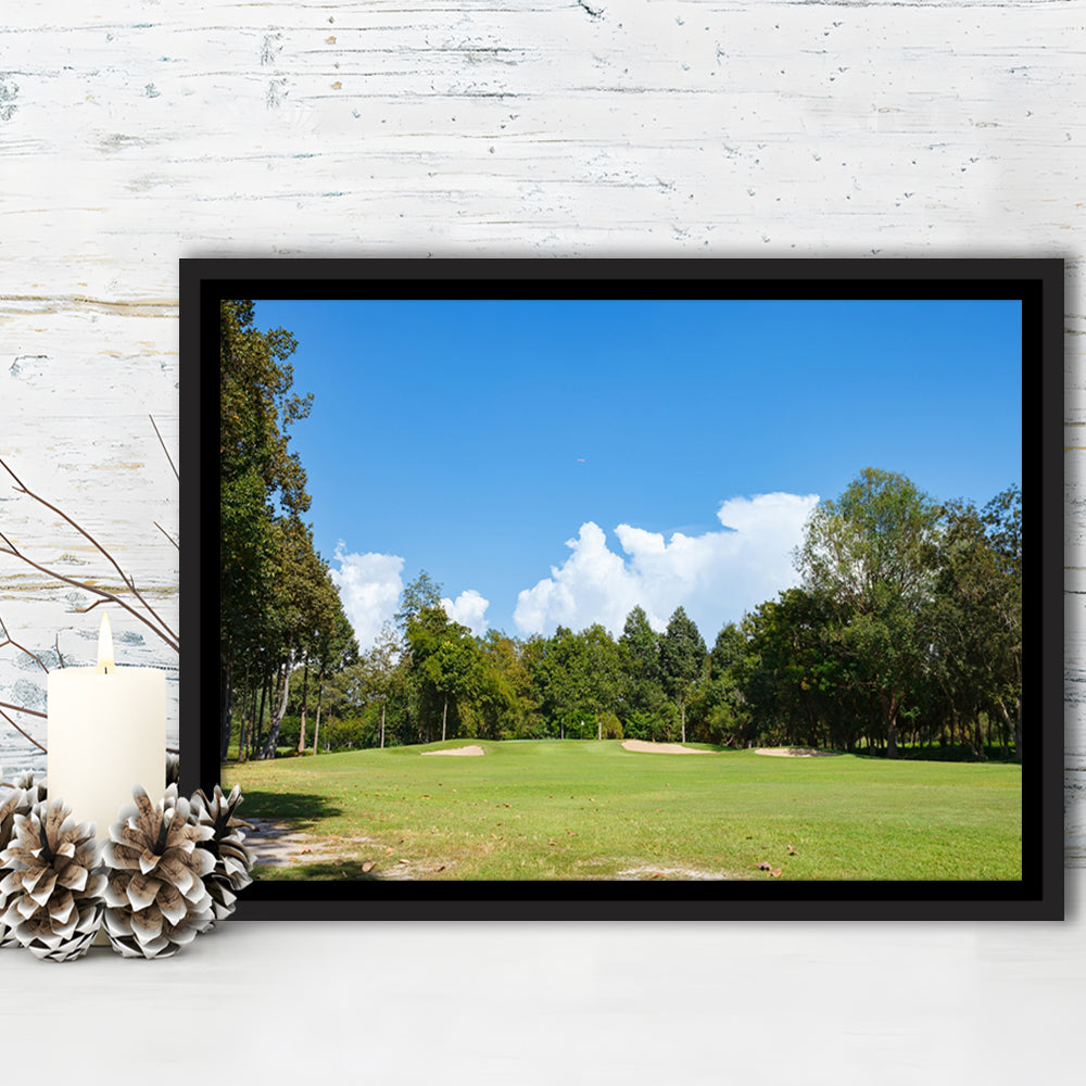 Golf Course With Blue Sky Background, Floating Framed Canvas Print Wall Art