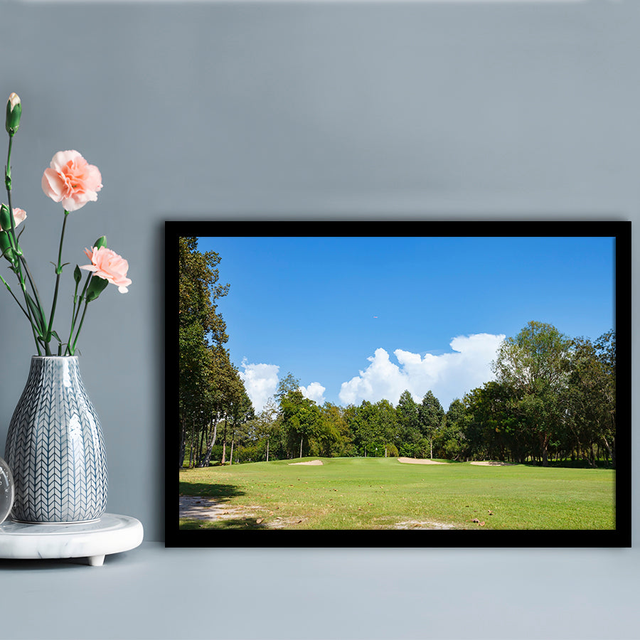 Golf Course With Blue Sky Background, Framed Art Print Wall Decor, Picture Framed