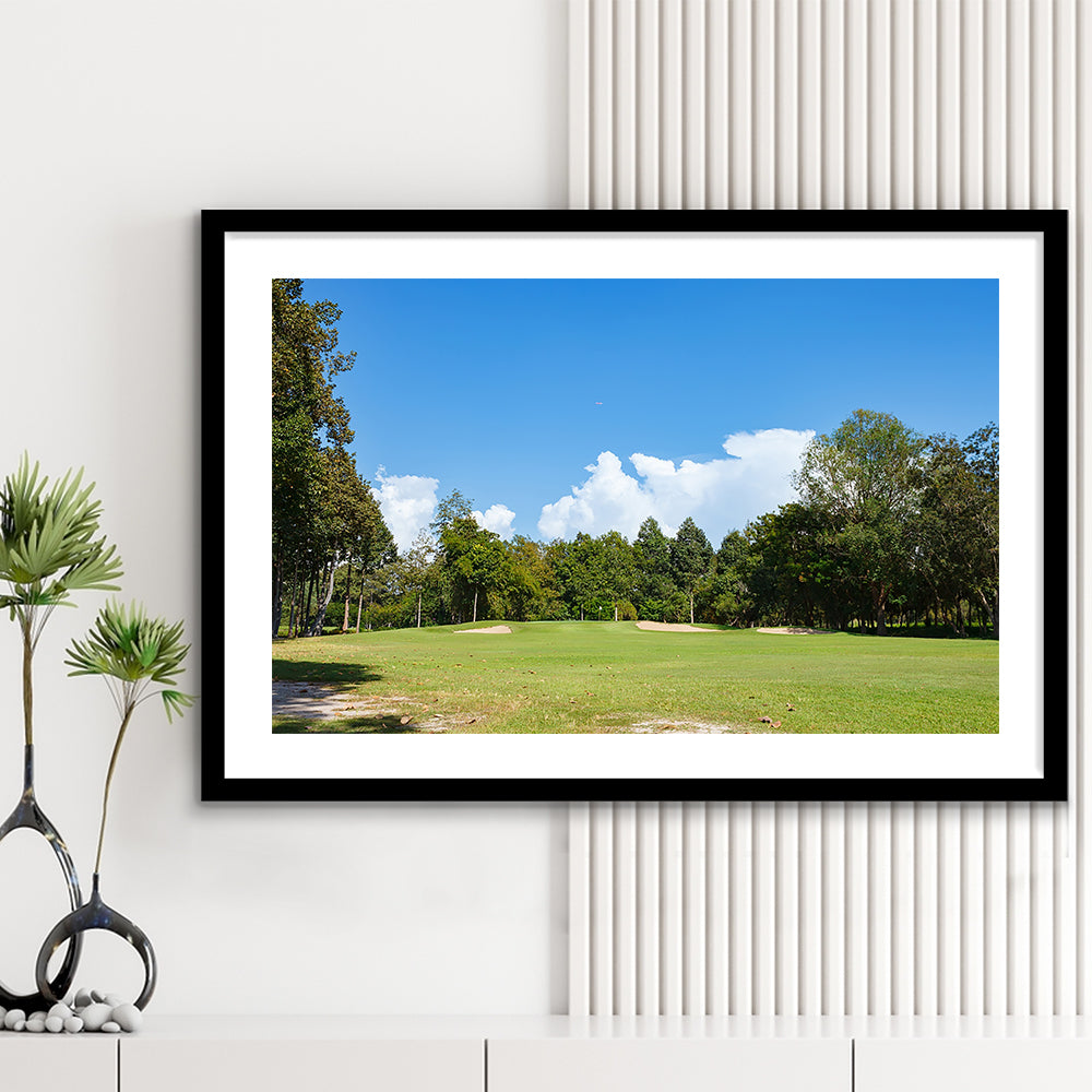 Golf Course With Blue Sky Background, Goft Art Print, Framed Art Print White Border Wall Decor