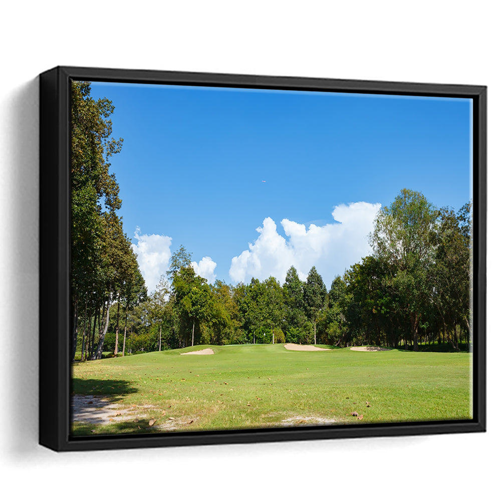 Golf Course With Blue Sky Background, Floating Framed Canvas Print Wall Art