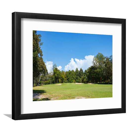 Golf Course With Blue Sky Background, Goft Art Print, Framed Art Print White Border Wall Decor