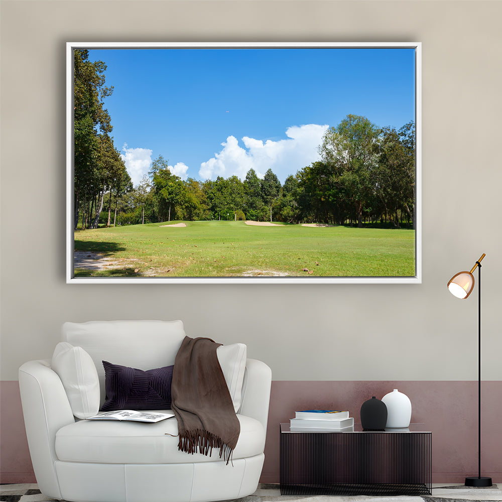 Golf Course With Blue Sky Background, Floating Framed Canvas Print Wall Art