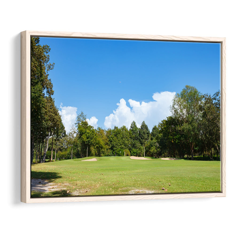 Golf Course With Blue Sky Background, Floating Framed Canvas Print Wall Art