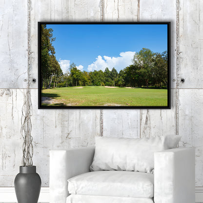 Golf Course With Blue Sky Background, Floating Framed Canvas Print Wall Art