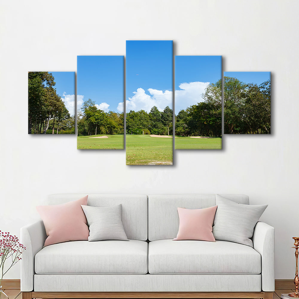 Golf Course With Blue Sky Background, Golf Art Print, 5 Pieces Mixed Canvas Print Wall Art