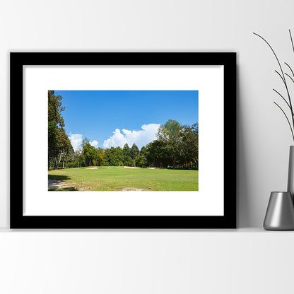 Golf Course With Blue Sky Background, Goft Art Print, Framed Art Print White Border Wall Decor