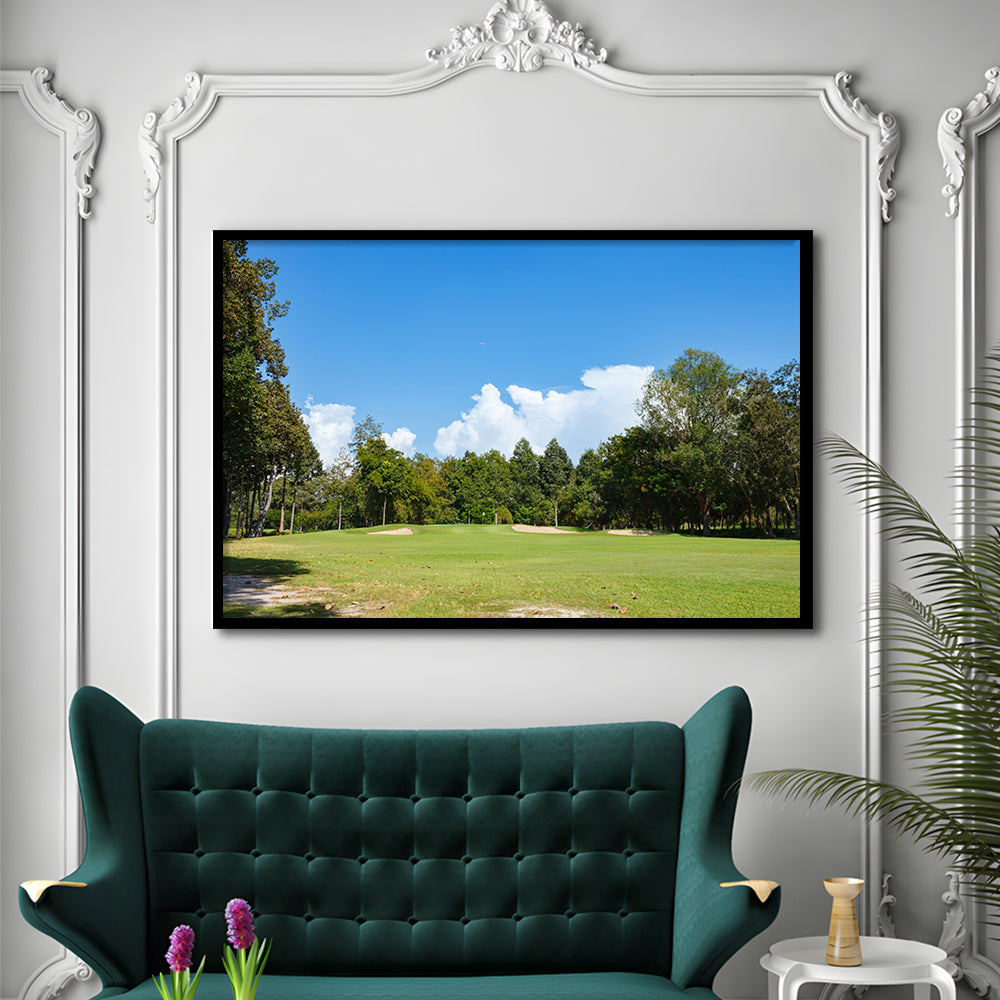 Golf Course With Blue Sky Background, Framed Art Print Wall Decor, Picture Framed
