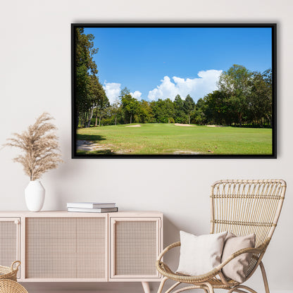 Golf Course With Blue Sky Background, Floating Framed Canvas Print Wall Art