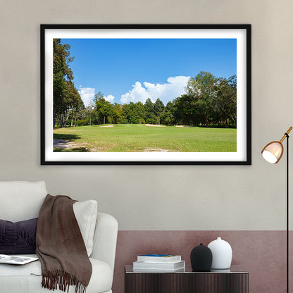 Golf Course With Blue Sky Background, Goft Art Print, Framed Art Print White Border Wall Decor