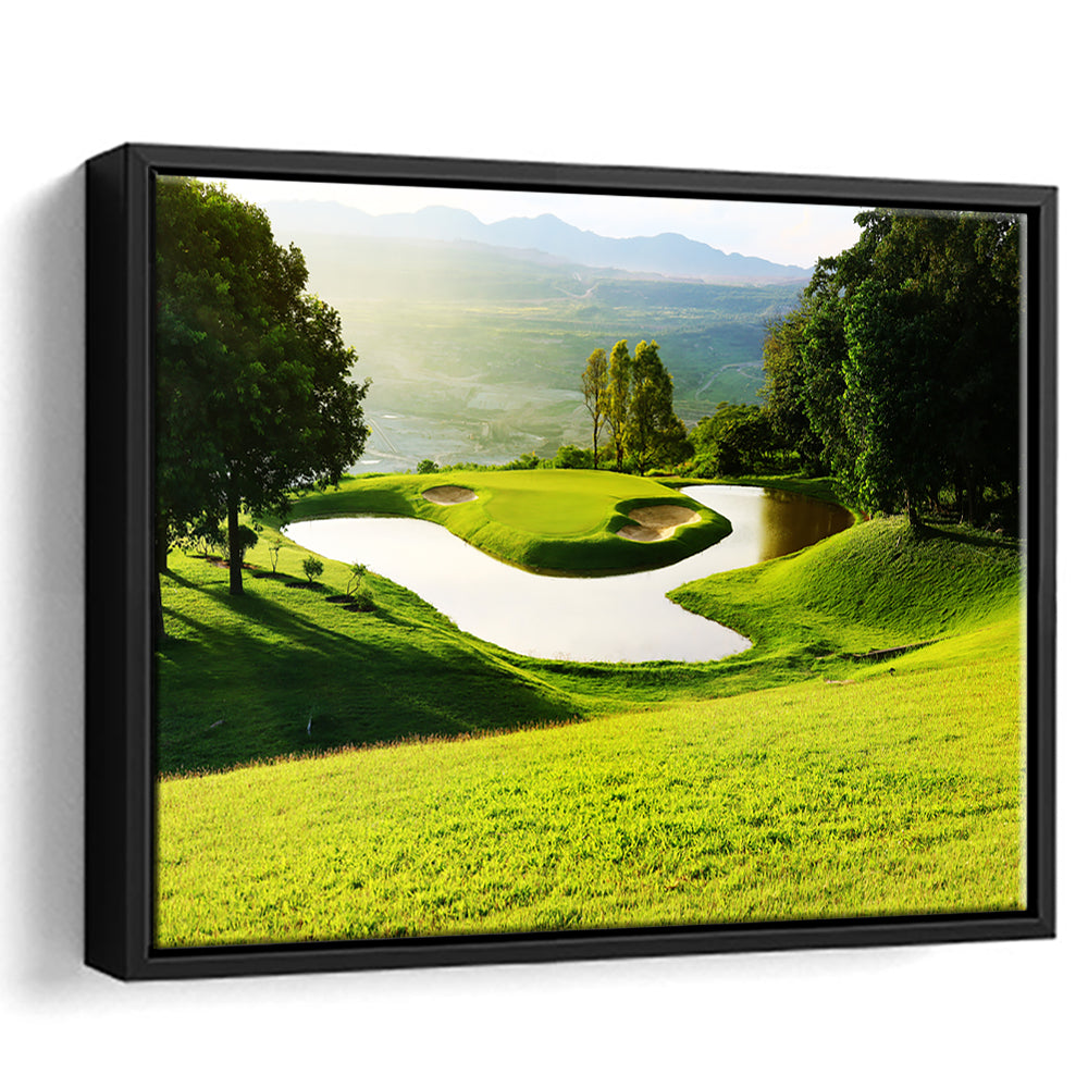 Golf Course With Gorgeous Green And Pond, Floating Framed Canvas Print Wall Art