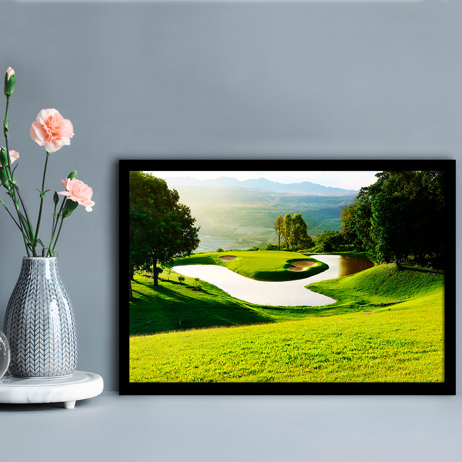 Golf Course With Gorgeous Green And Pond, Framed Art Print Wall Decor, Picture Framed