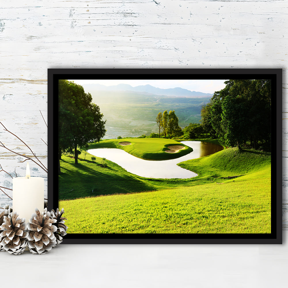 Golf Course With Gorgeous Green And Pond, Floating Framed Canvas Print Wall Art