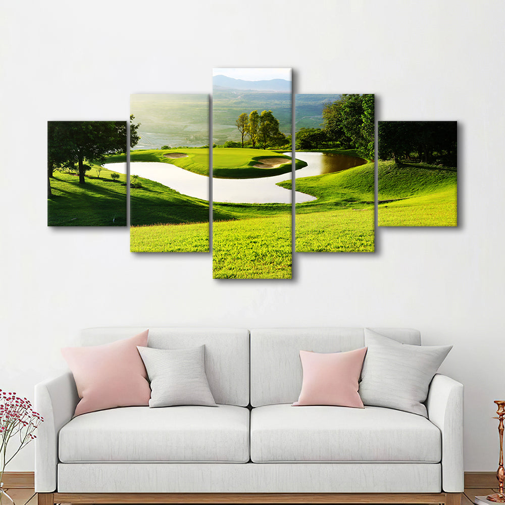 Golf Course With Gorgeous Green And Pond, Golf Art Print, 5 Pieces Mixed Canvas Print Wall Art