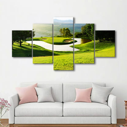 Golf Course With Gorgeous Green And Pond, Golf Art Print, 5 Pieces Mixed Canvas Print Wall Art