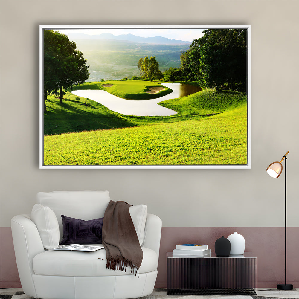Golf Course With Gorgeous Green And Pond, Floating Framed Canvas Print Wall Art