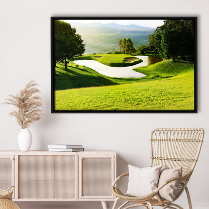 Golf Course With Gorgeous Green And Pond, Floating Framed Canvas Print Wall Art