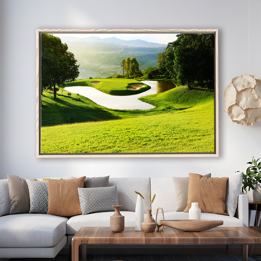 Golf Course With Gorgeous Green And Pond, Floating Framed Canvas Print Wall Art