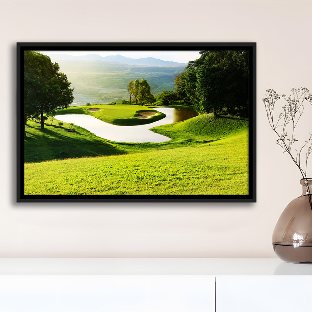 Golf Course With Gorgeous Green And Pond, Floating Framed Canvas Print Wall Art