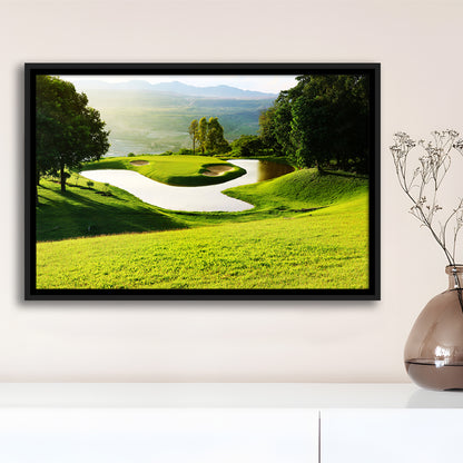 Golf Course With Gorgeous Green And Pond, Floating Framed Canvas Print Wall Art