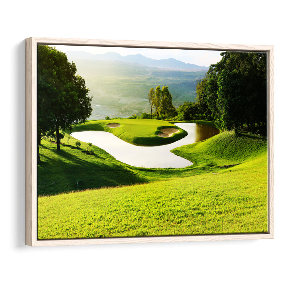 Golf Course With Gorgeous Green And Pond, Floating Framed Canvas Print Wall Art