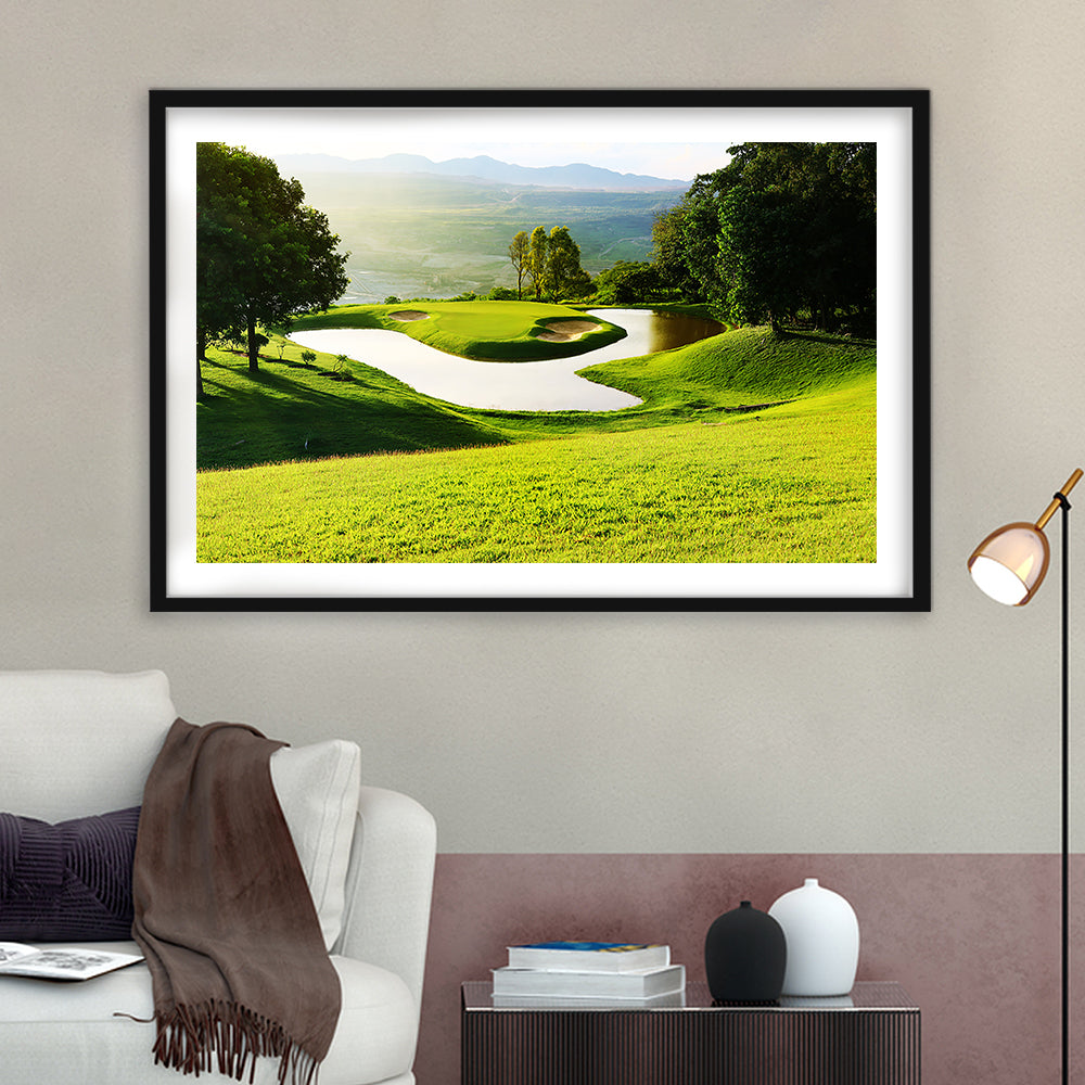 Golf Course With Gorgeous Green And Pond, Goft Art Print, Framed Art Print White Border Wall Decor