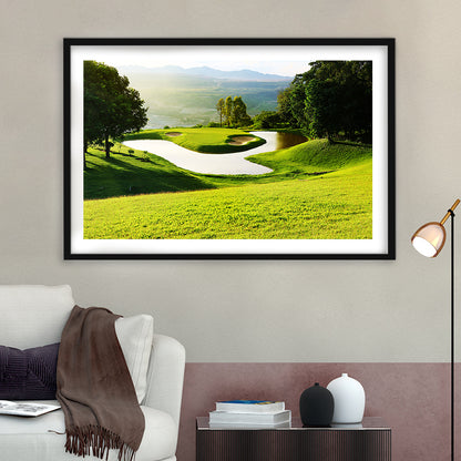 Golf Course With Gorgeous Green And Pond, Goft Art Print, Framed Art Print White Border Wall Decor