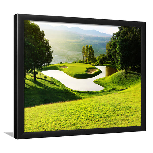 Golf Course With Gorgeous Green And Pond, Framed Art Print Wall Decor, Picture Framed