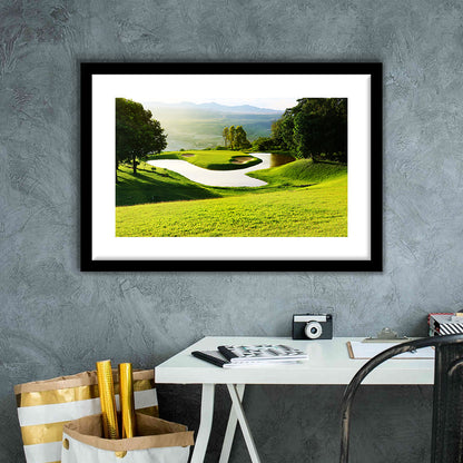 Golf Course With Gorgeous Green And Pond, Goft Art Print, Framed Art Print White Border Wall Decor
