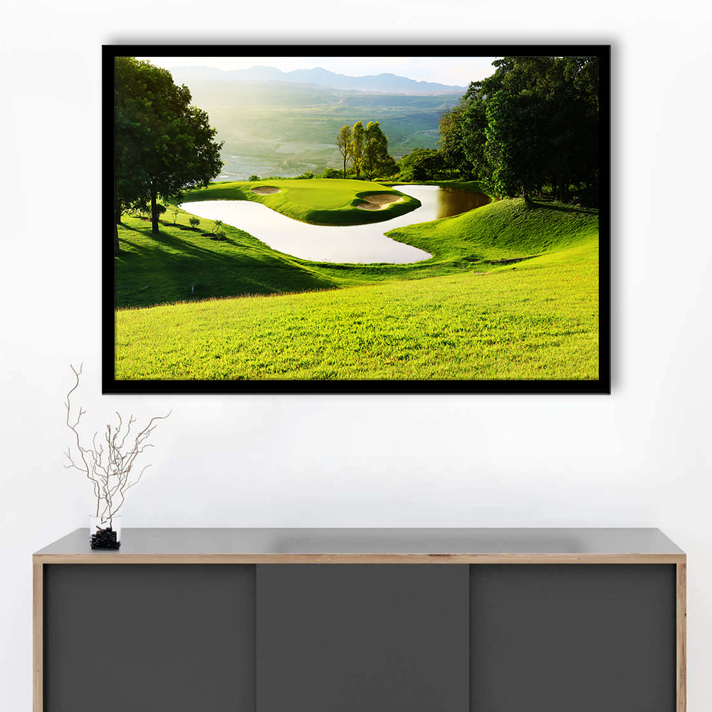 Golf Course With Gorgeous Green And Pond, Framed Art Print Wall Decor, Picture Framed