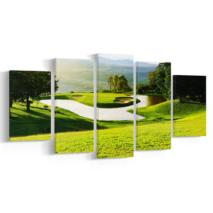 Golf Course With Gorgeous Green And Pond, Golf Art Print, 5 Pieces Mixed Canvas Print Wall Art