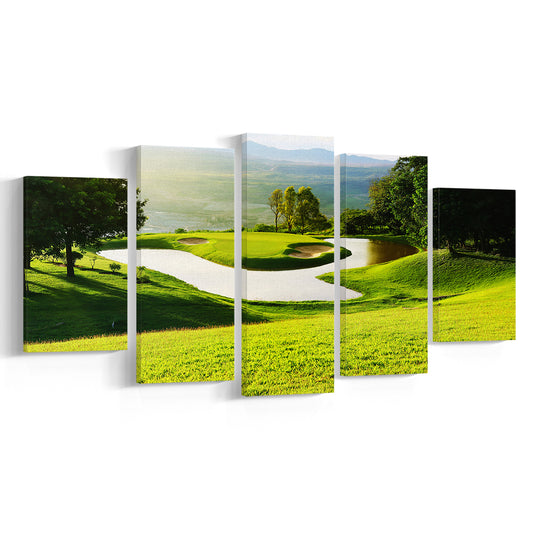 Golf Course With Gorgeous Green And Pond, Golf Art Print, 5 Pieces Mixed Canvas Print Wall Art