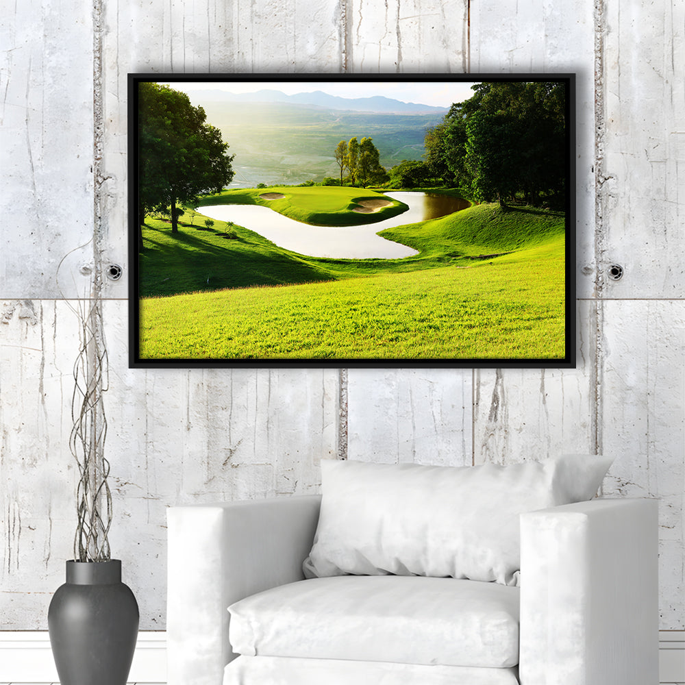 Golf Course With Gorgeous Green And Pond, Floating Framed Canvas Print Wall Art