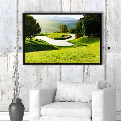 Golf Course With Gorgeous Green And Pond, Floating Framed Canvas Print Wall Art