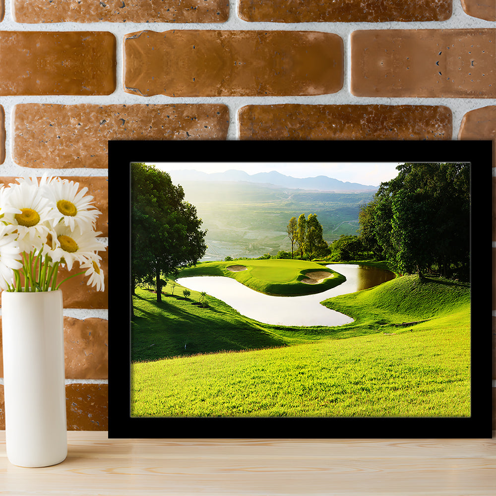 Golf Course With Gorgeous Green And Pond, Framed Art Print Wall Decor, Picture Framed