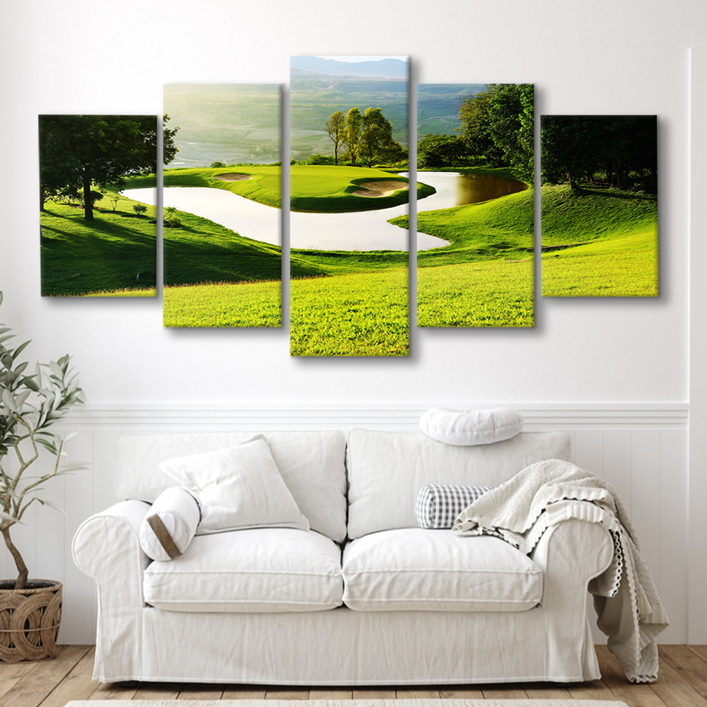 Golf Course With Gorgeous Green And Pond, Golf Art Print, 5 Pieces Mixed Canvas Print Wall Art