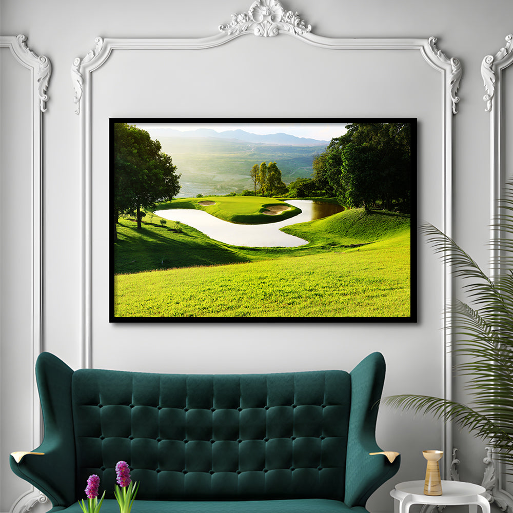 Golf Course With Gorgeous Green And Pond, Framed Art Print Wall Decor, Picture Framed