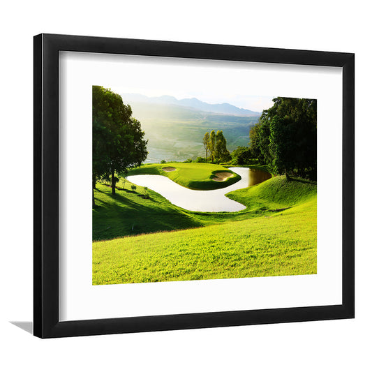 Golf Course With Gorgeous Green And Pond, Goft Art Print, Framed Art Print White Border Wall Decor