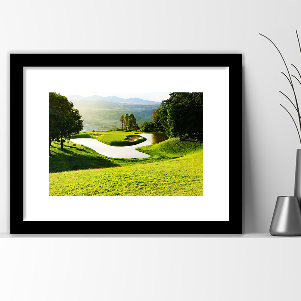 Golf Course With Gorgeous Green And Pond, Goft Art Print, Framed Art Print White Border Wall Decor