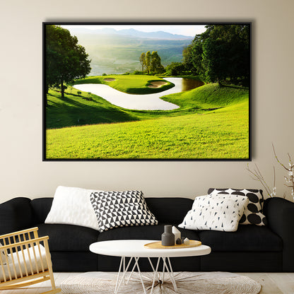 Golf Course With Gorgeous Green And Pond, Floating Framed Canvas Print Wall Art