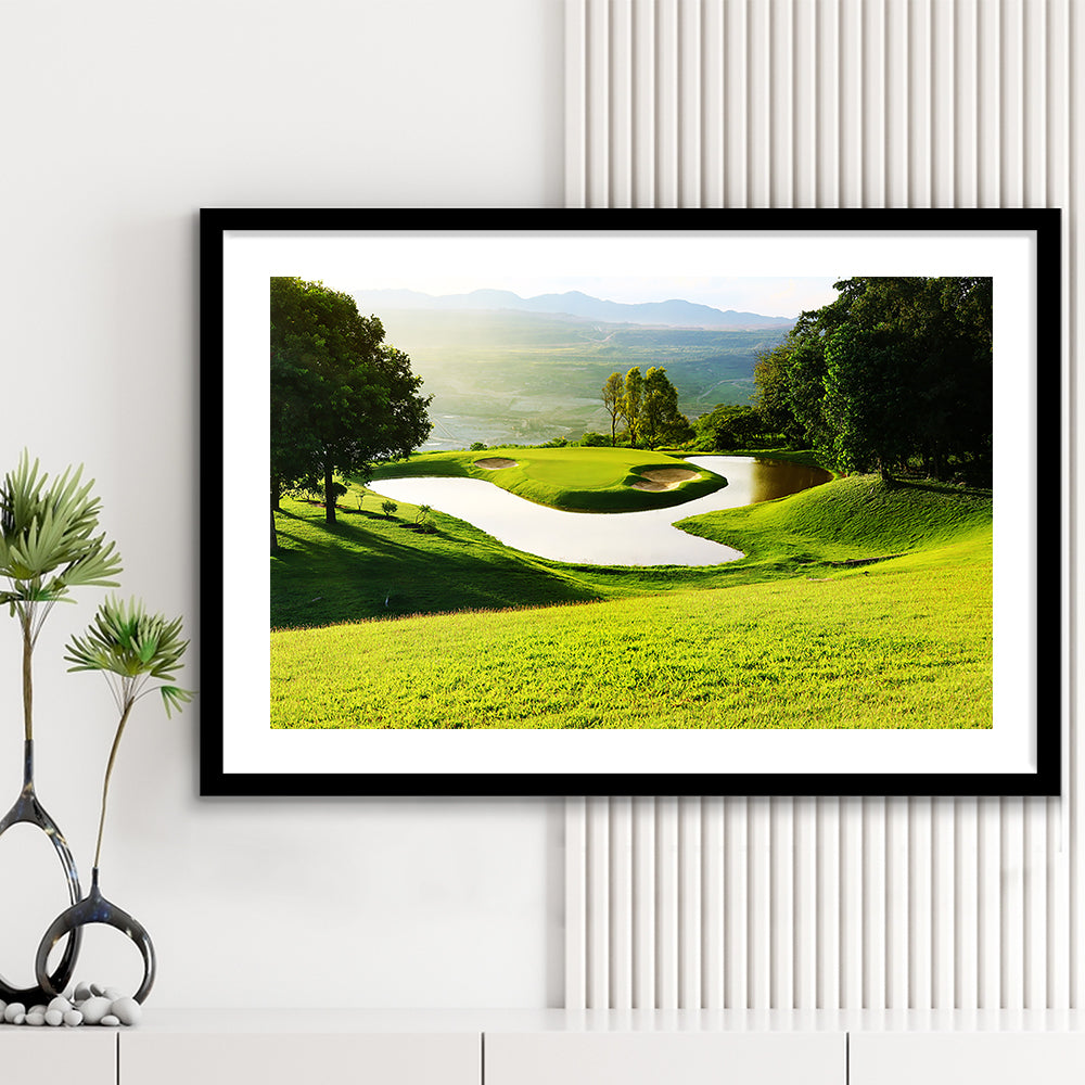 Golf Course With Gorgeous Green And Pond, Goft Art Print, Framed Art Print White Border Wall Decor