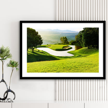 Golf Course With Gorgeous Green And Pond, Goft Art Print, Framed Art Print White Border Wall Decor