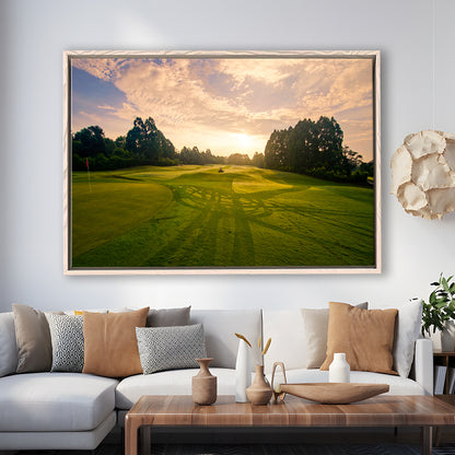 Golf Field In The Sunrise, Floating Framed Canvas Print Wall Art