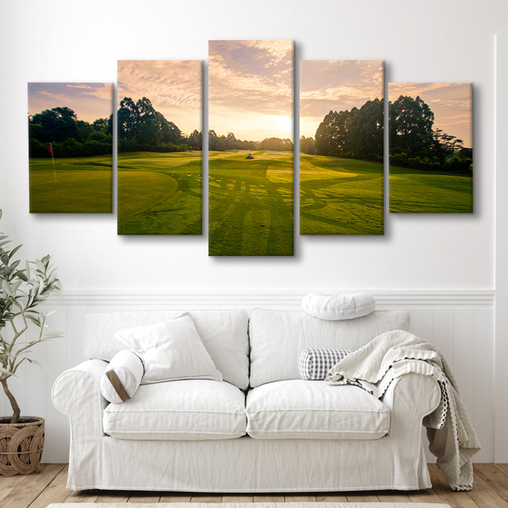 Golf Field In The Sunrise, Golf Art Print, 5 Pieces Mixed Canvas Print Wall Art