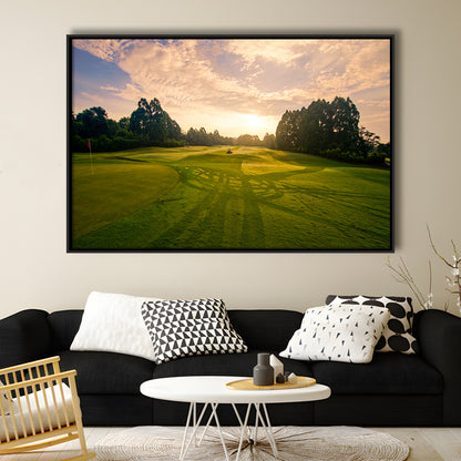 Golf Field In The Sunrise, Floating Framed Canvas Print Wall Art