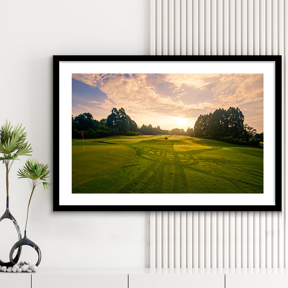 Golf Field In The Sunrise, Goft Art Print, Framed Art Print White Border Wall Decor